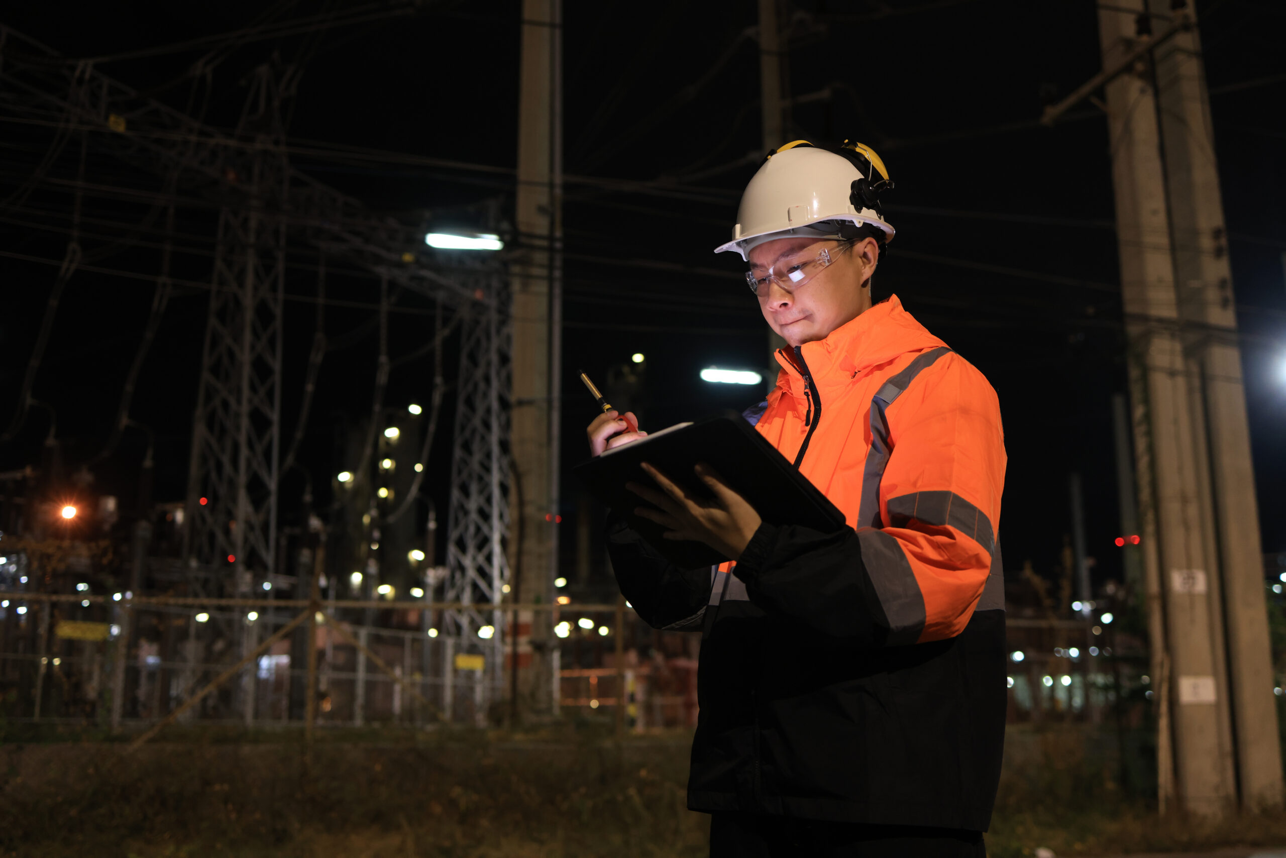 Bußmann - konzentrierter Mitarbeiter schaut auf seine Notizen und hat ein Kommunikationsgerät in der Hand